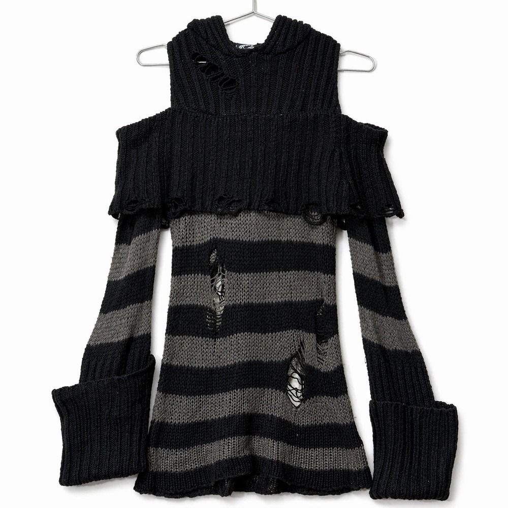 Killstar Distressed Striped Sweater XS Black Gray Cold Shoulder Goth